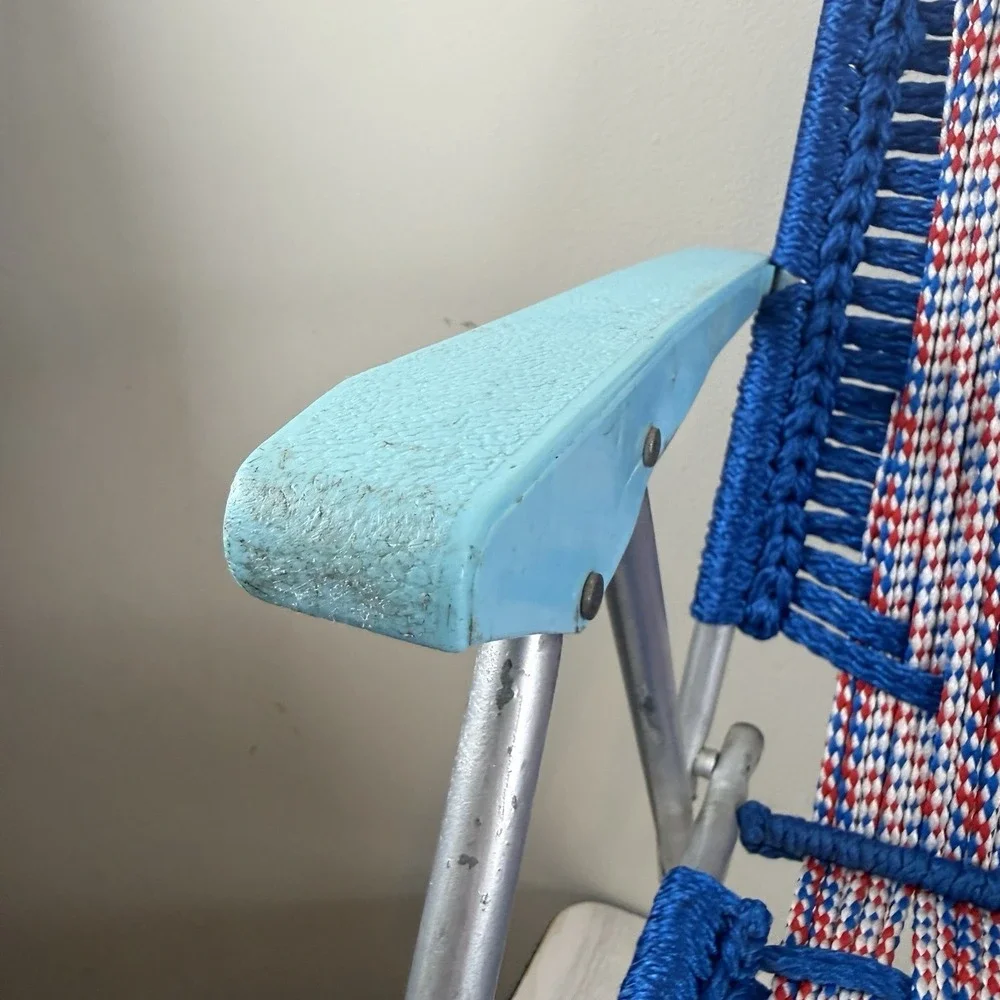 Vtg Set 2 Aluminum Folding Lawn Chair Child Sz Macrame Weave‎ Woven Chair Match